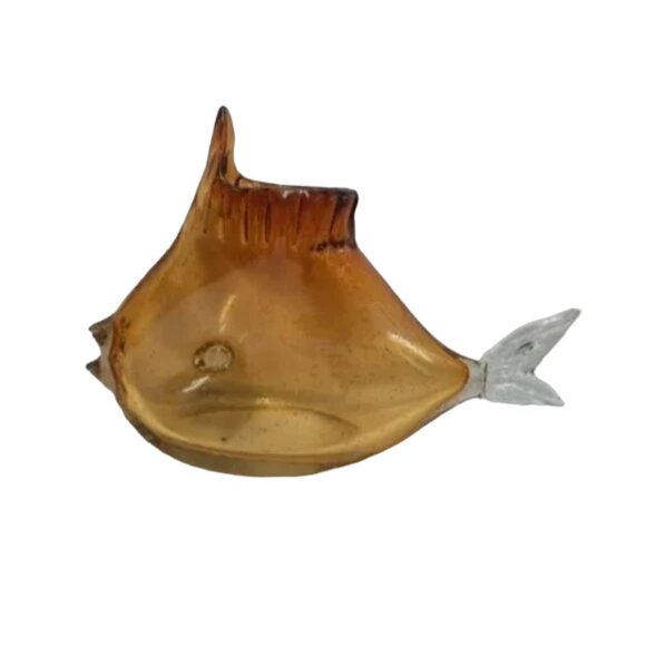 Large Crystal Art Glass Hand Blown Clear Fish Sea Ocean Beach Vase Bowl Amber 11 - Picture 1 of 9